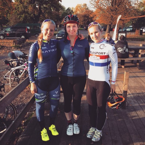 Hayley Simmonds (right) pictured with Vamper's Victoria and fellow pro cyclist, Sweden's Sara Olsson.